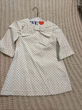 Something Navy White Dress with Black Polka Dots and Back Bow